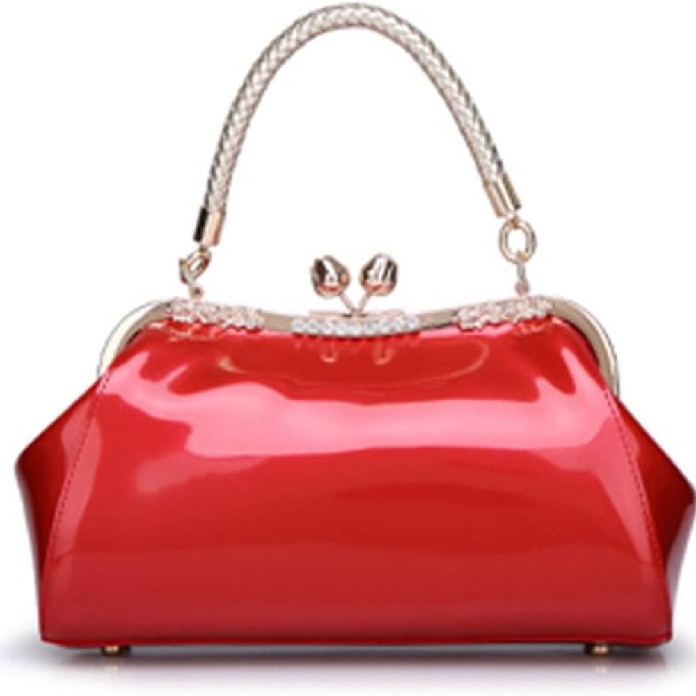 Glossy Patent Leather Handbags Women Kiss Lock Purse Top Handle Handbag Evening